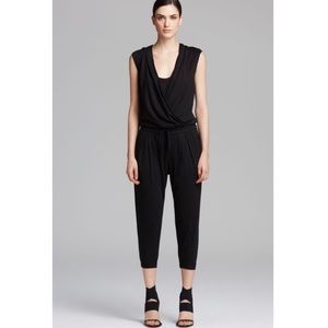 HELMUT LANG BLACK FEATHER JERSEY VNECK CROPPED WRAP JUMPSUIT